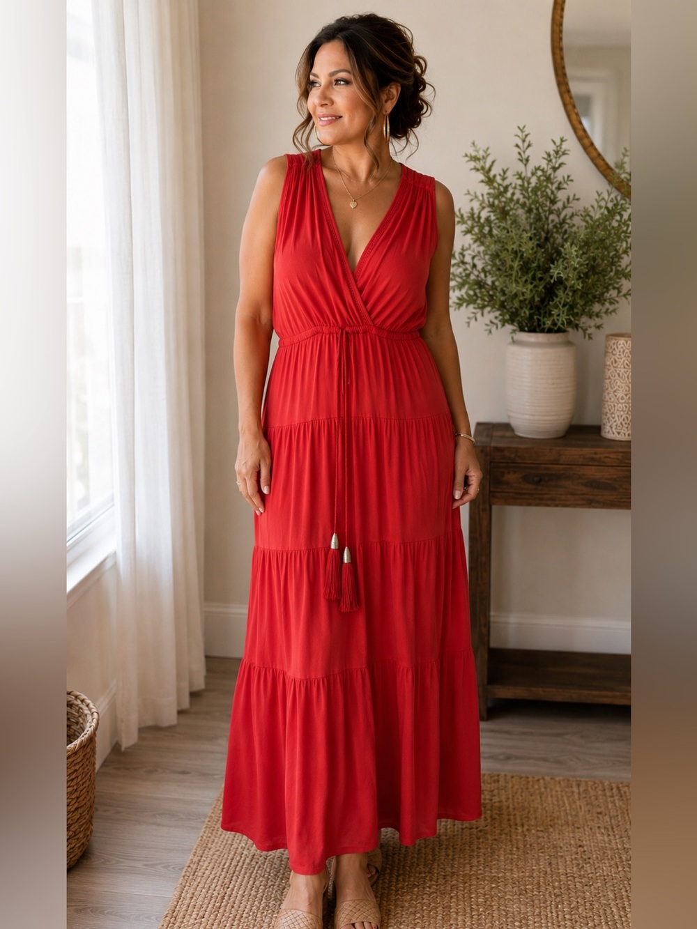 Spense Red Sleeveless V-Neck Tiered Maxi Dress